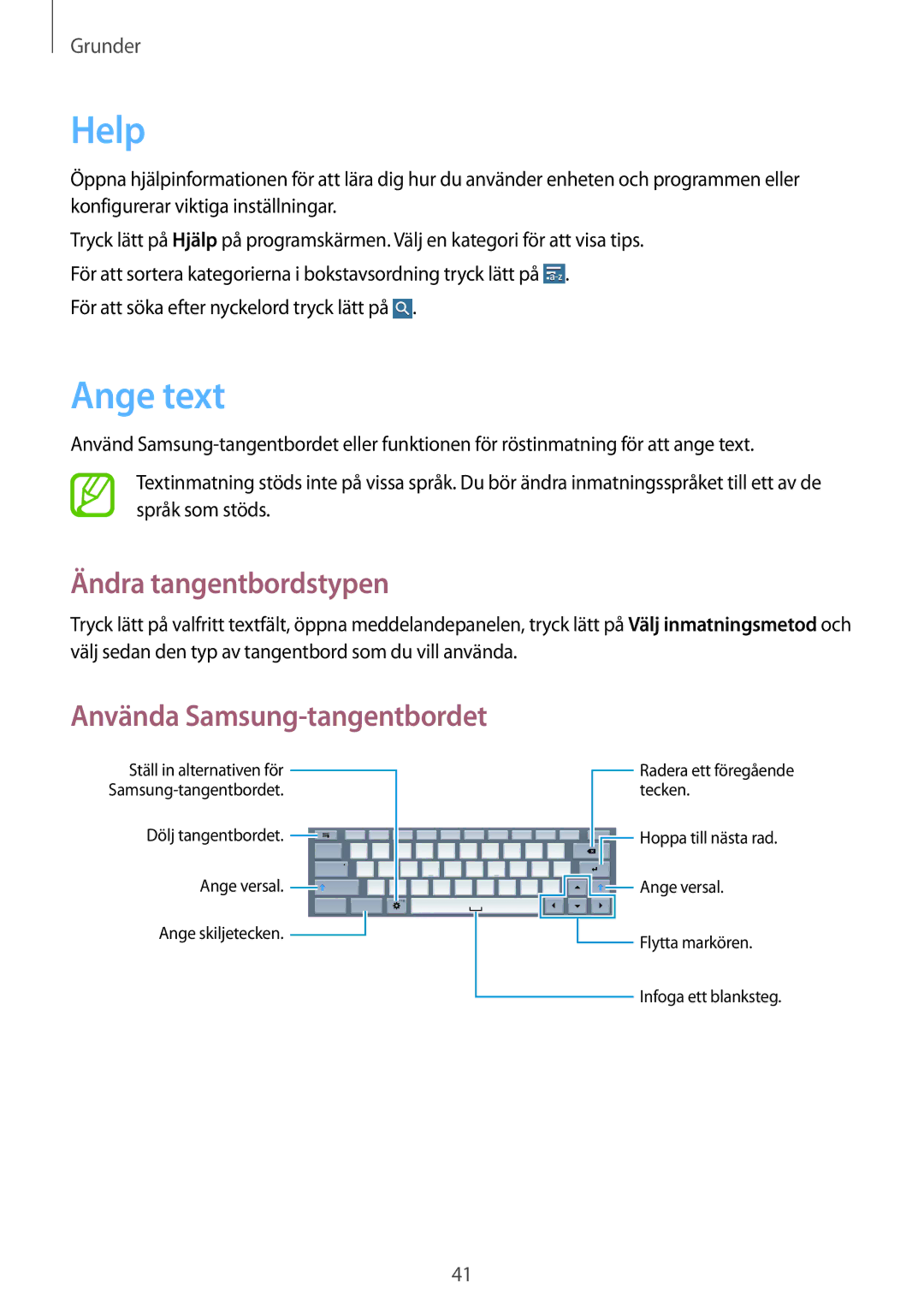 Samsung SM-T9050ZWANEE, SM-T9050ZKANEE manual Help, Ange text, Ändra tangentbordstypen, Använda Samsung-tangentbordet 