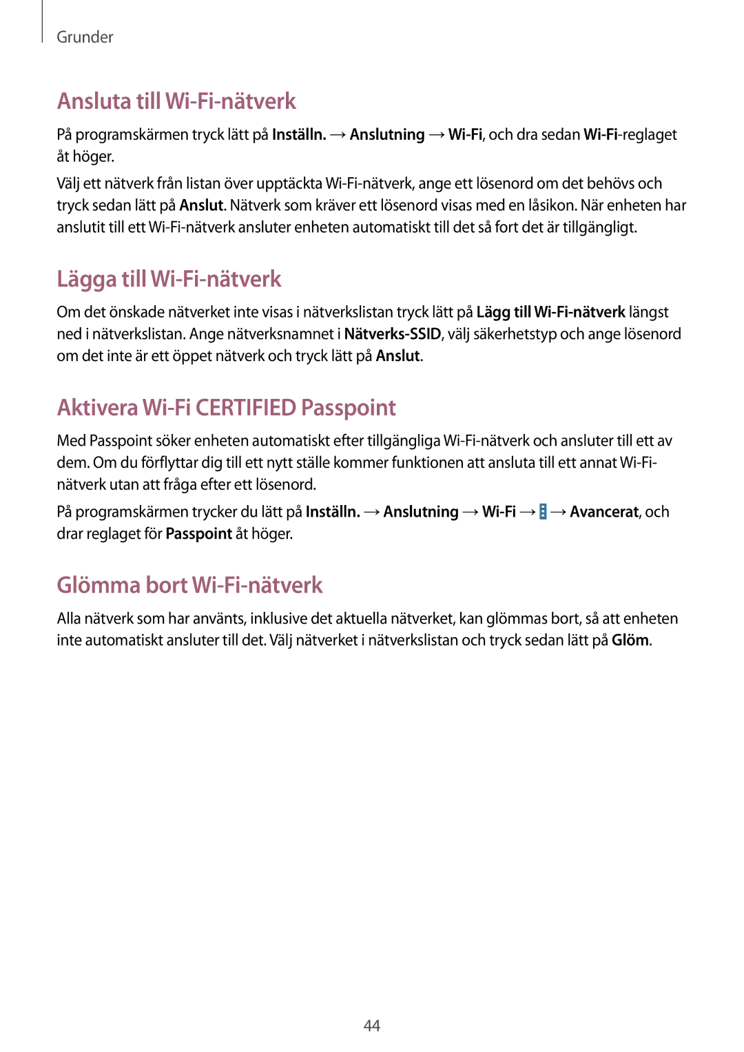 Samsung SM-T9050ZKANEE manual Ansluta till Wi-Fi-nätverk, Lägga till Wi-Fi-nätverk, Aktivera Wi-Fi Certified Passpoint 