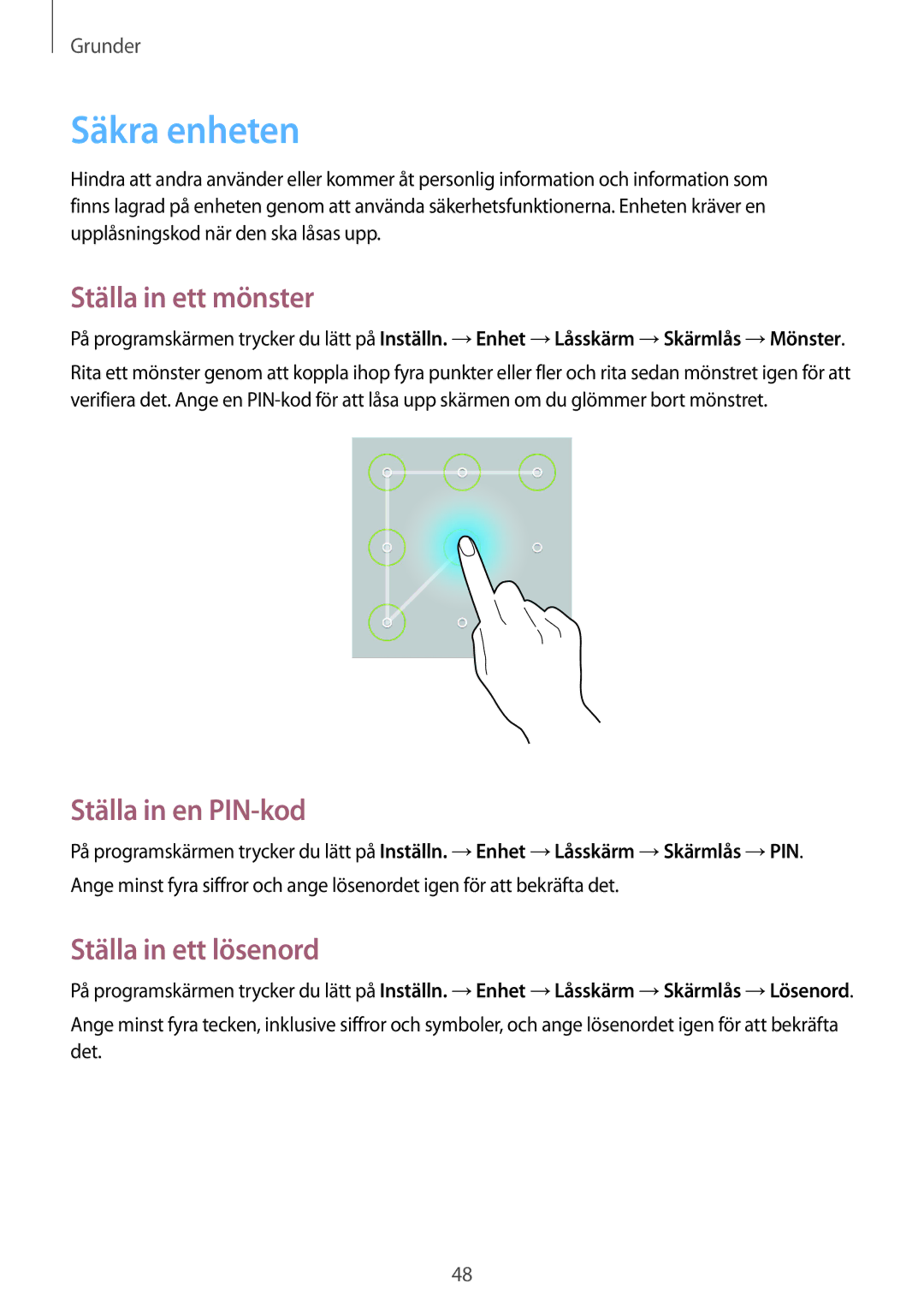 Samsung SM-T9050ZKANEE, SM-T9050ZWANEE Säkra enheten, Ställa in ett mönster, Ställa in en PIN-kod, Ställa in ett lösenord 