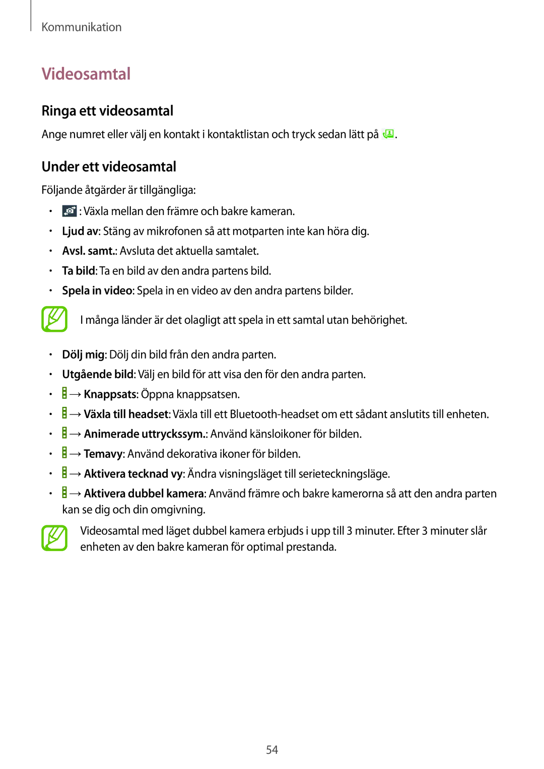 Samsung SM-T9050ZKANEE, SM-T9050ZWANEE manual Videosamtal, Ringa ett videosamtal, Under ett videosamtal 