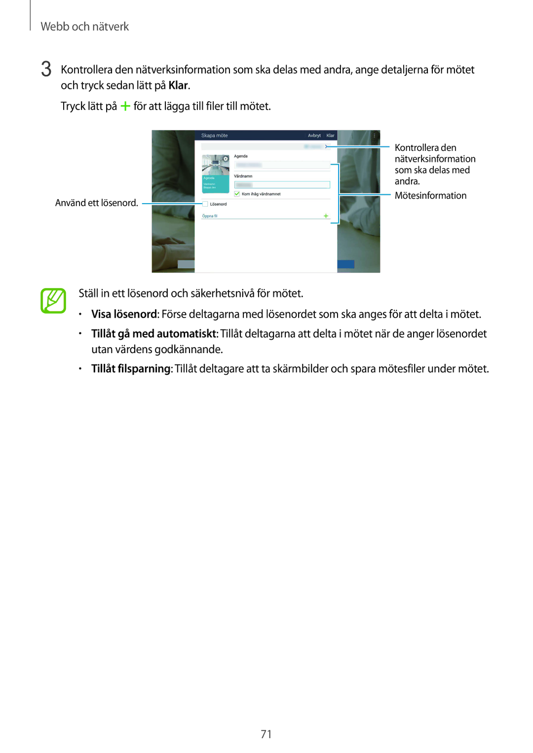 Samsung SM-T9050ZWANEE, SM-T9050ZKANEE manual Ställ in ett lösenord och säkerhetsnivå för mötet 