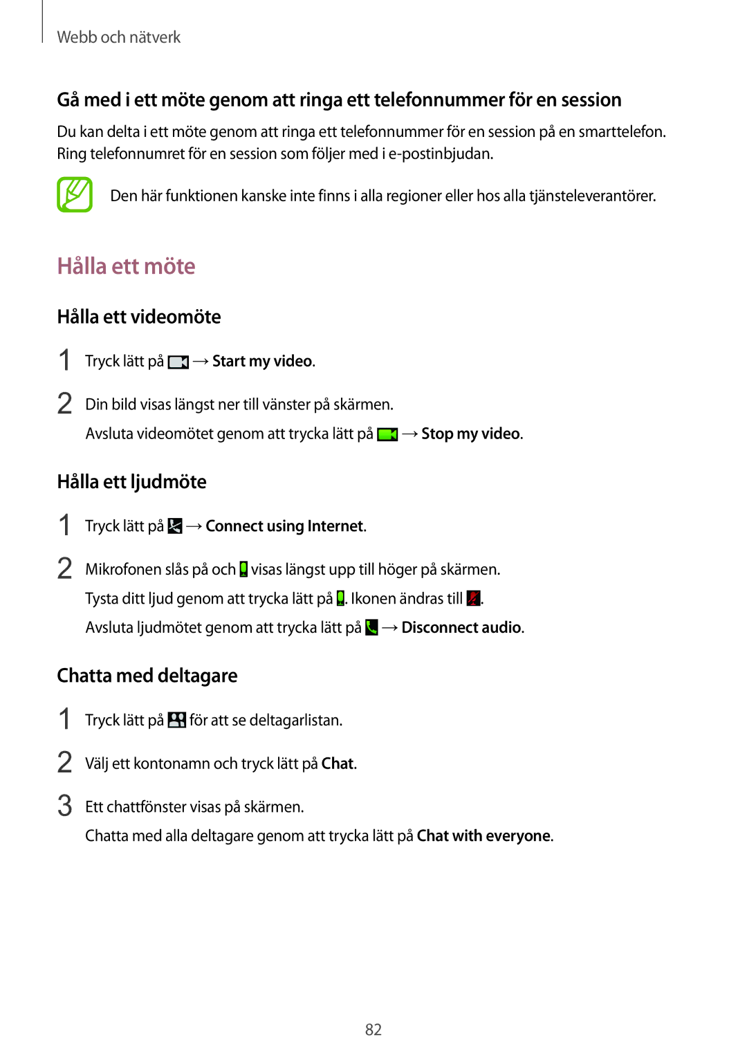 Samsung SM-T9050ZKANEE, SM-T9050ZWANEE manual Hålla ett möte, Hålla ett videomöte, Hålla ett ljudmöte, Chatta med deltagare 