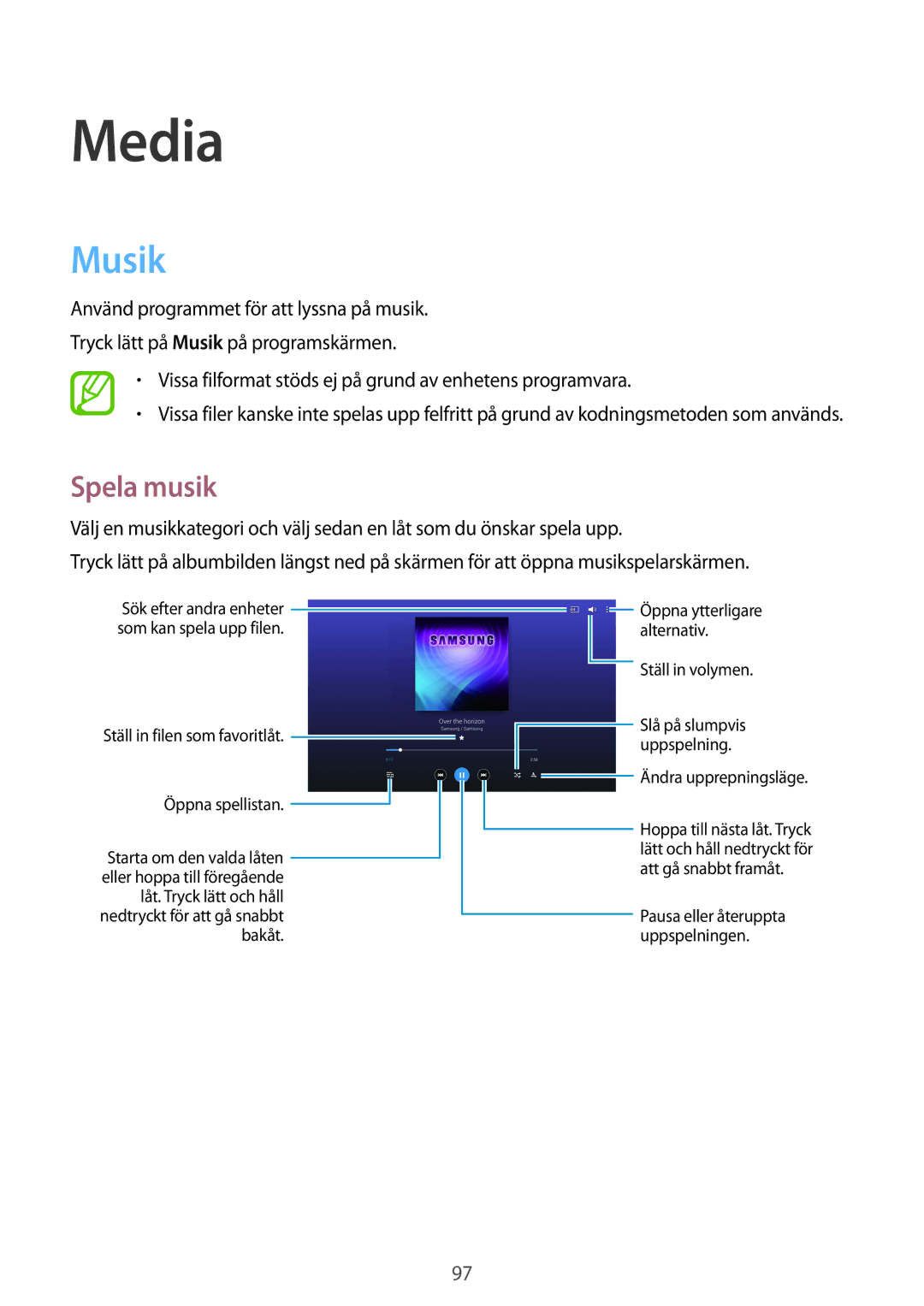 Samsung SM-T9050ZWANEE, SM-T9050ZKANEE manual Media, Musik, Spela musik 