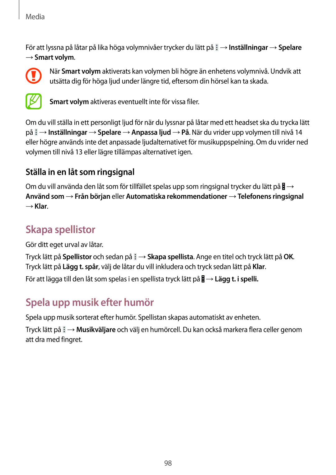 Samsung SM-T9050ZKANEE manual Skapa spellistor, Spela upp musik efter humör, Ställa in en låt som ringsignal, → Smart volym 