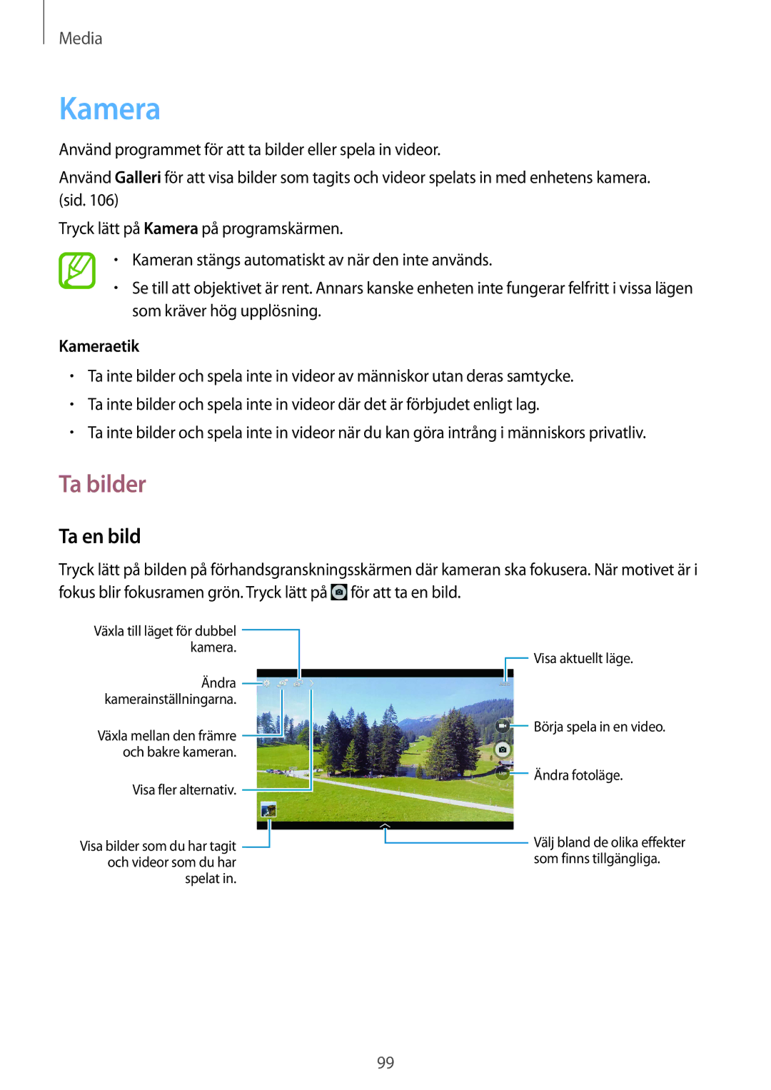 Samsung SM-T9050ZWANEE, SM-T9050ZKANEE manual Ta bilder, Ta en bild, Kameraetik 