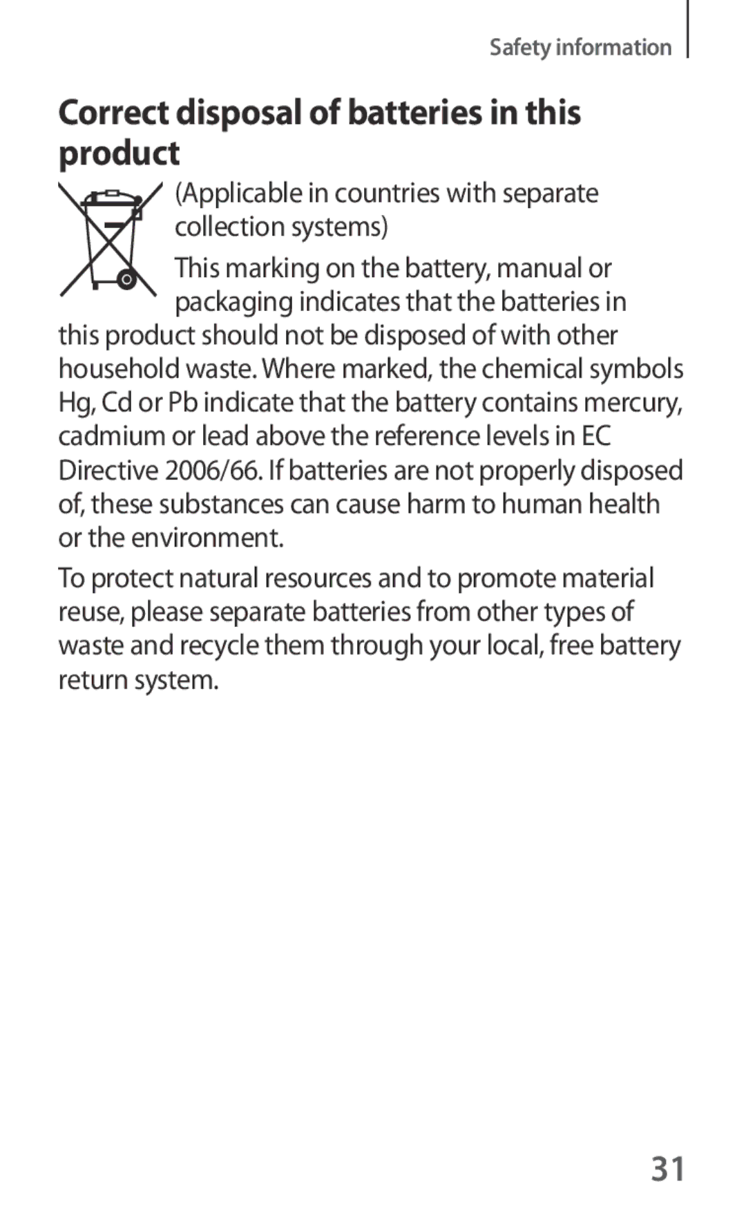 Samsung SM-V101FDWAXSG, SM-V101FDWADBT, SM-V101FDWAKSA, SM-V101FDWAPAK manual Correct disposal of batteries in this product 