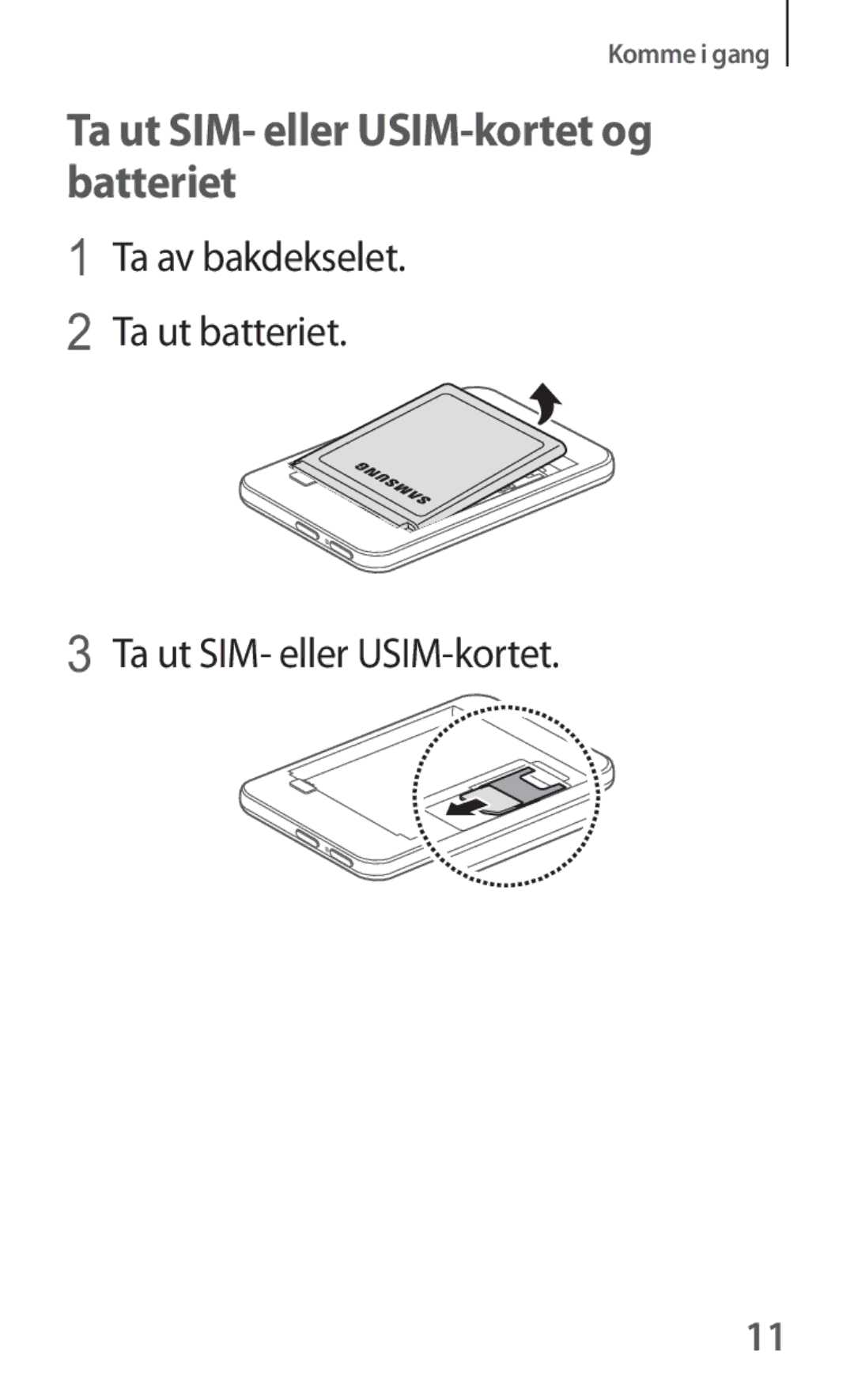 Samsung SM-V101FDWANEE manual Ta ut SIM- eller USIM-kortet og batteriet 