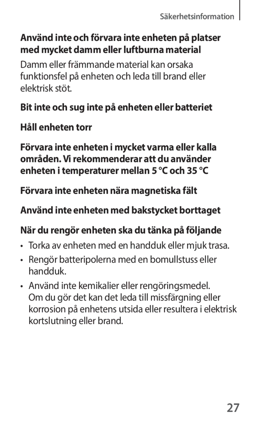 Samsung SM-V101FDWANEE manual Rengör batteripolerna med en bomullstuss eller handduk 