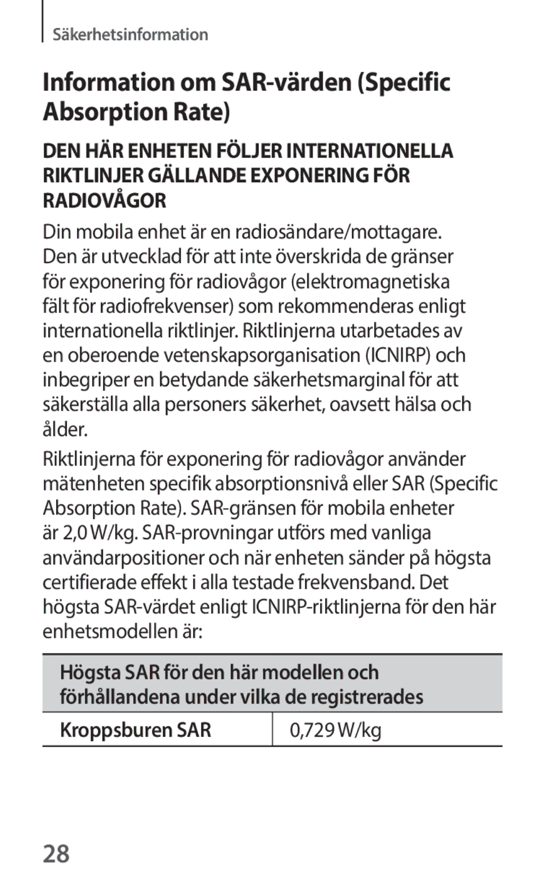 Samsung SM-V101FDWANEE manual Information om SAR-värden Specific Absorption Rate 