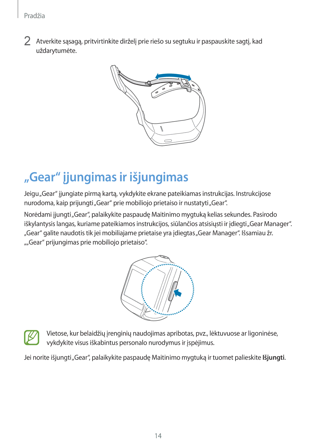 Samsung SM-V7000ZOASEB, SM-V7000WDASEB, SM-V7000ZWASEB, SM-V7000ZKASEB manual „Gear įjungimas ir išjungimas 