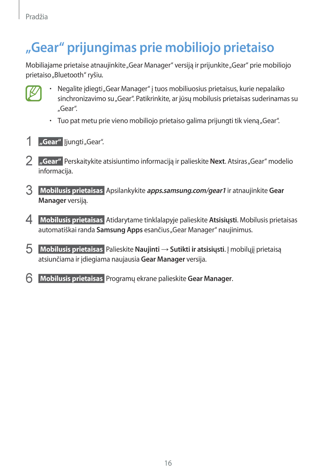 Samsung SM-V7000WDASEB, SM-V7000ZWASEB, SM-V7000ZOASEB manual „Gear prijungimas prie mobiliojo prietaiso, Manager versiją 