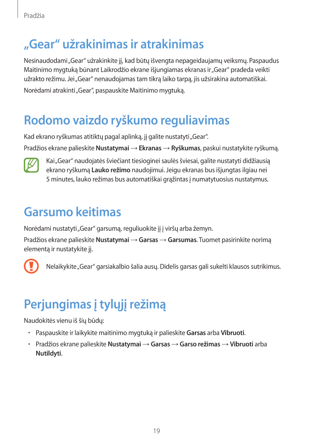 Samsung SM-V7000ZKASEB manual „Gear užrakinimas ir atrakinimas, Rodomo vaizdo ryškumo reguliavimas, Garsumo keitimas 