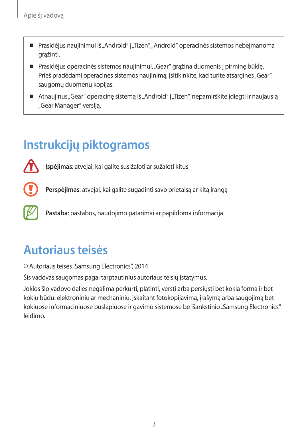 Samsung SM-V7000ZKASEB, SM-V7000WDASEB, SM-V7000ZWASEB, SM-V7000ZOASEB manual Instrukcijų piktogramos, Autoriaus teisės 