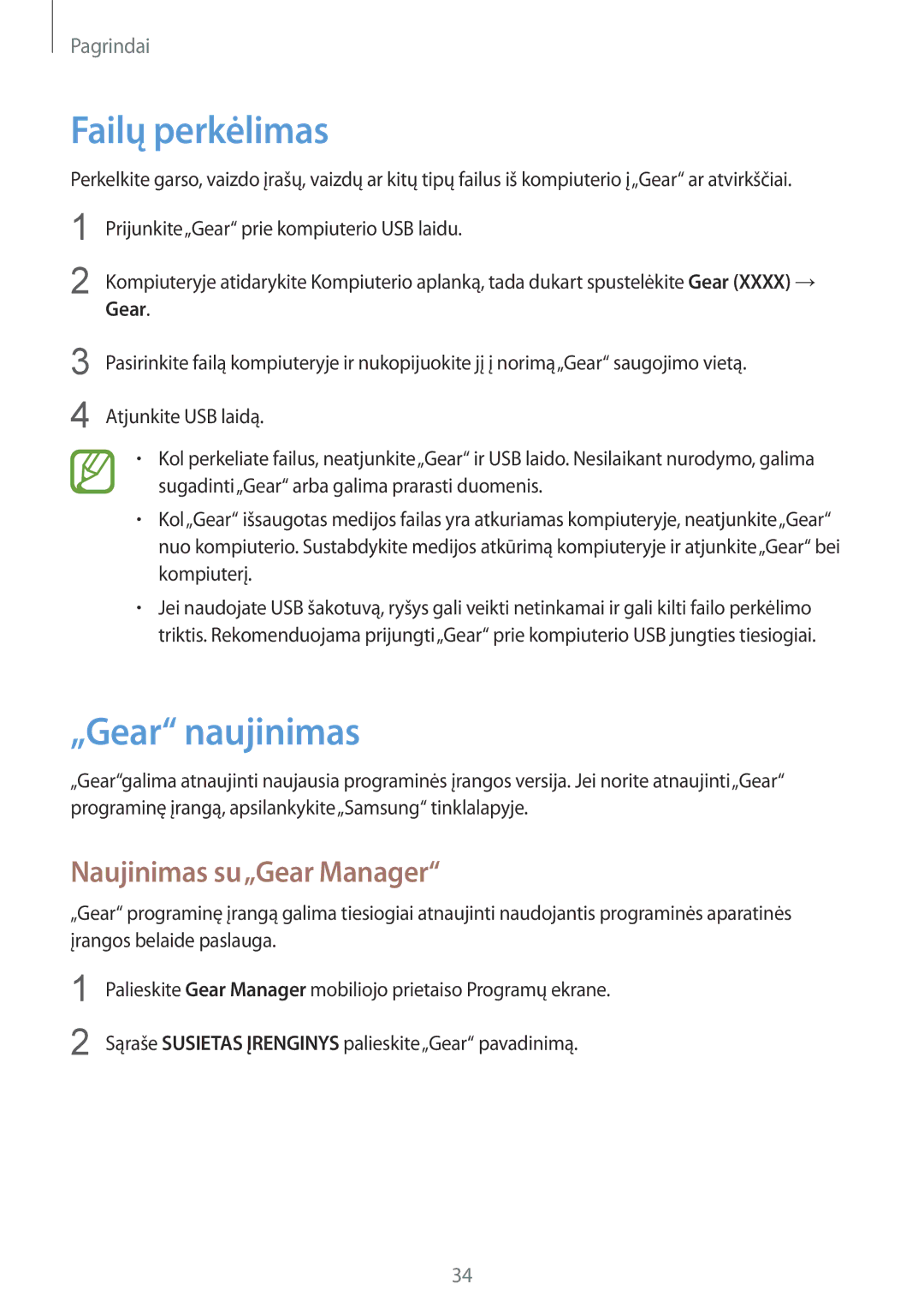 Samsung SM-V7000ZOASEB, SM-V7000WDASEB, SM-V7000ZWASEB manual Failų perkėlimas, „Gear naujinimas, Naujinimas su„Gear Manager 