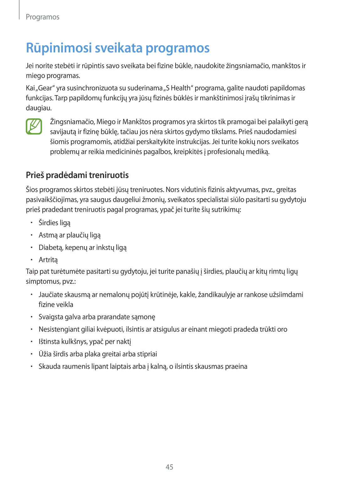 Samsung SM-V7000ZWASEB, SM-V7000WDASEB, SM-V7000ZOASEB manual Rūpinimosi sveikata programos, Prieš pradėdami treniruotis 