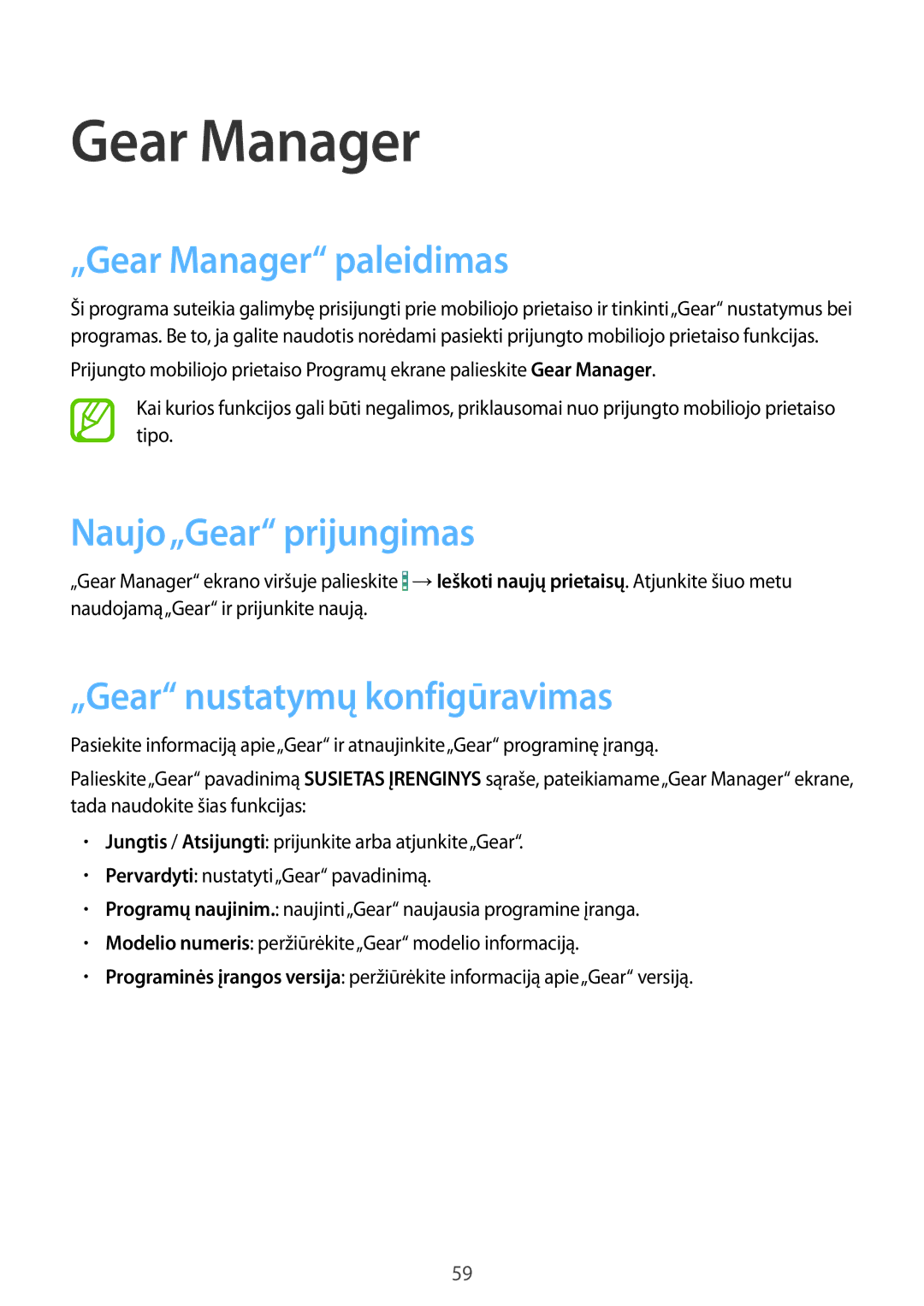 Samsung SM-V7000ZKASEB manual „Gear Manager paleidimas, Naujo„Gear prijungimas, „Gear nustatymų konfigūravimas 