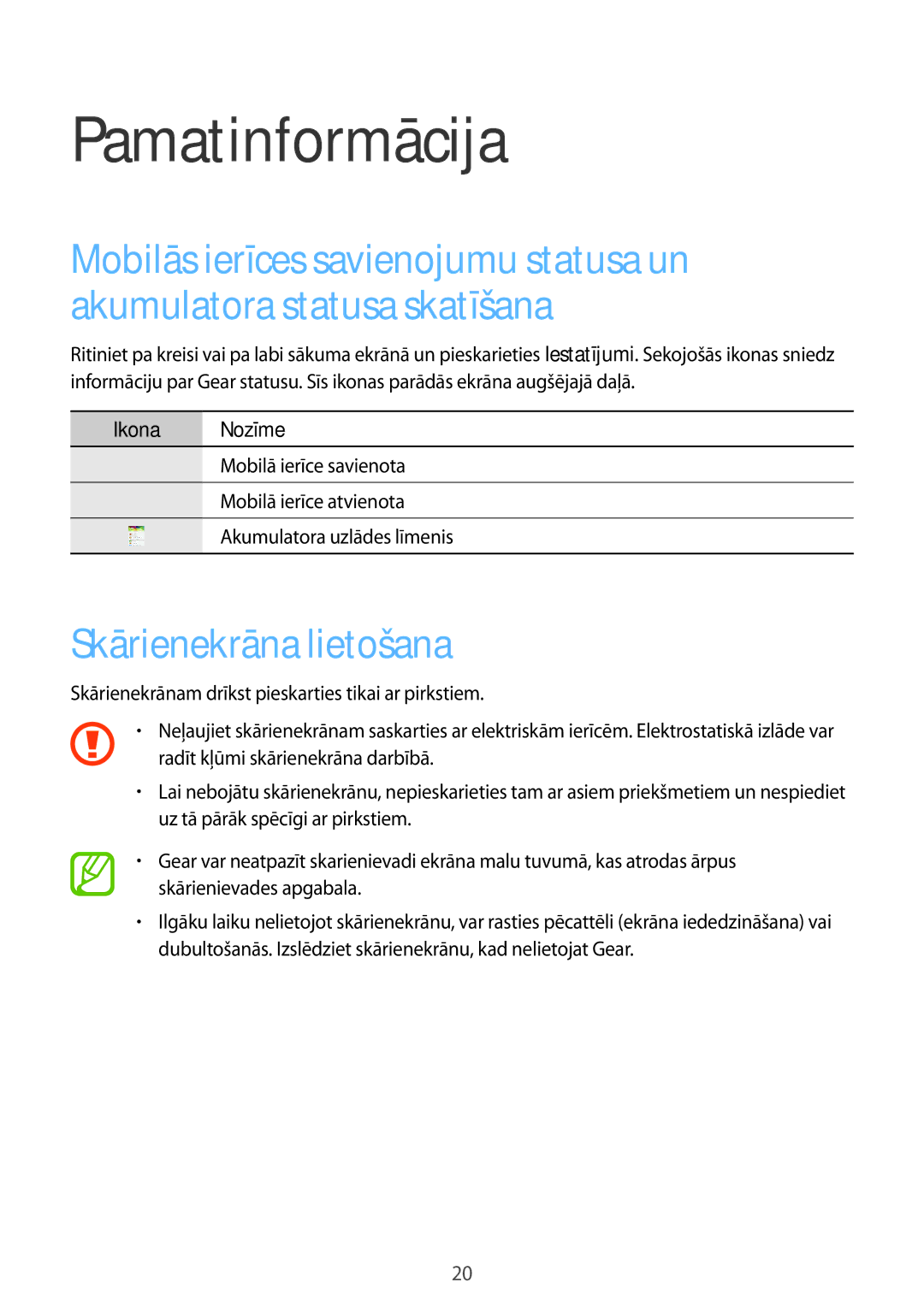 Samsung SM-V7000WDASEB, SM-V7000ZWASEB, SM-V7000ZOASEB manual Pamatinformācija, Skārienekrāna lietošana, Ikona Nozīme 