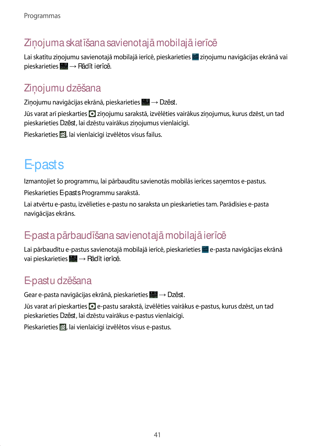 Samsung SM-V7000ZWASEB manual Pasts, Ziņojuma skatīšana savienotajā mobilajā ierīcē, Ziņojumu dzēšana, Pastu dzēšana 