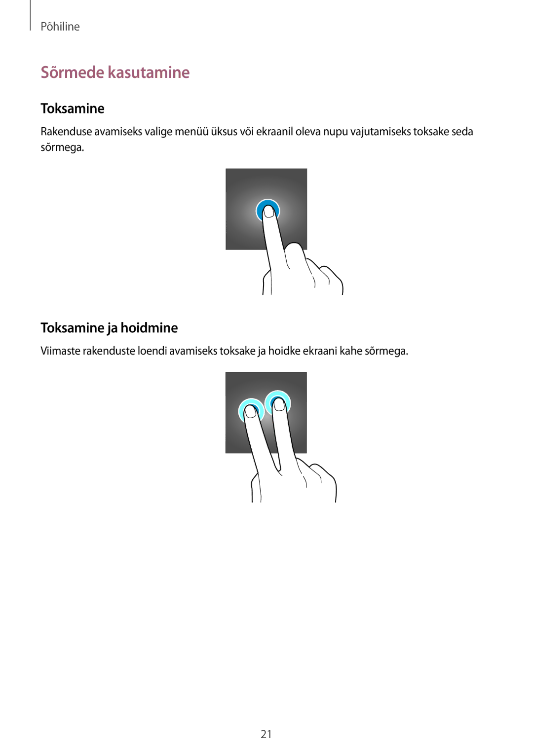 Samsung SM-V7000ZWASEB, SM-V7000WDASEB, SM-V7000ZOASEB, SM-V7000ZKASEB manual Sõrmede kasutamine, Toksamine ja hoidmine 