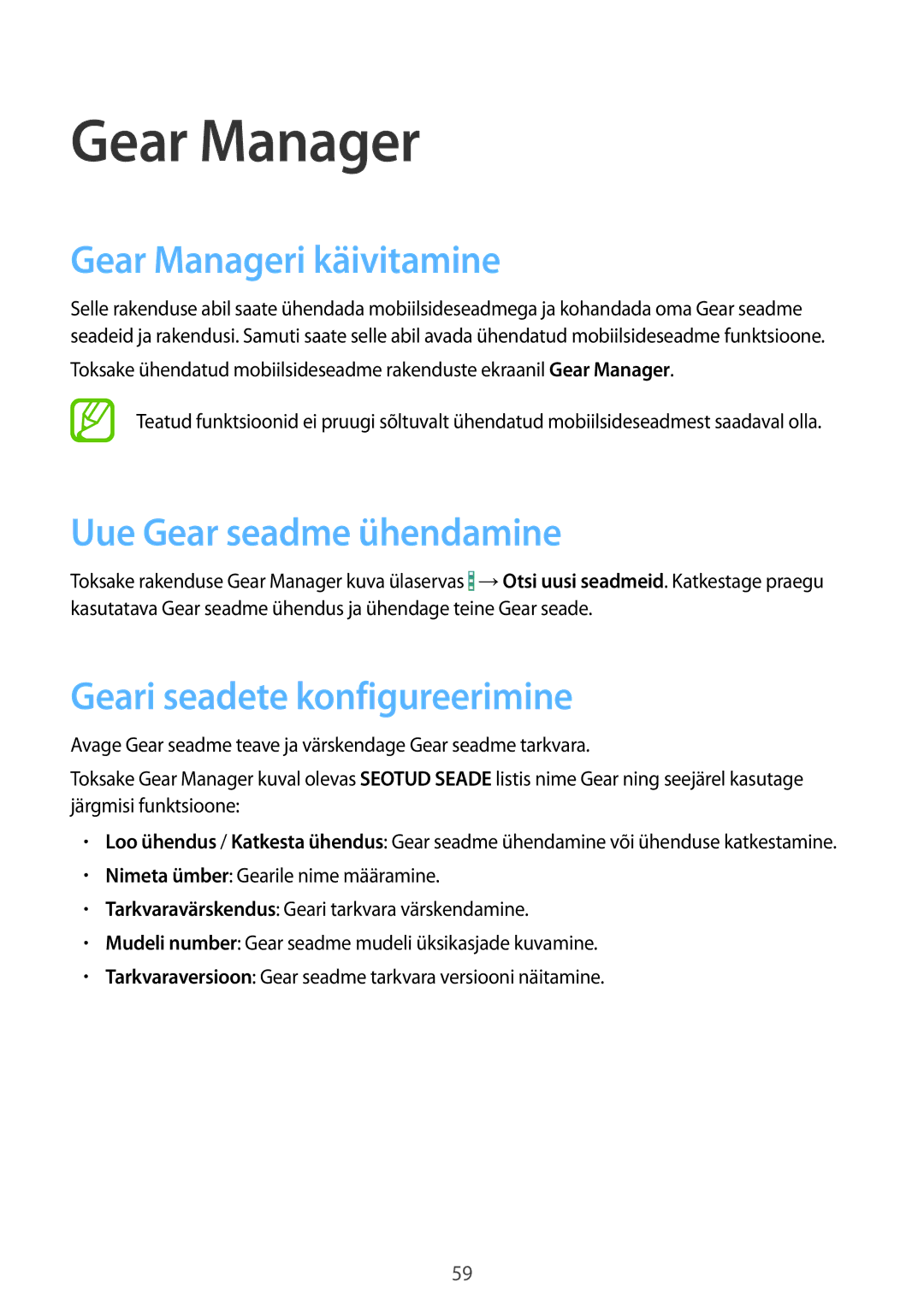 Samsung SM-V7000ZKASEB manual Gear Manageri käivitamine, Uue Gear seadme ühendamine, Geari seadete konfigureerimine 
