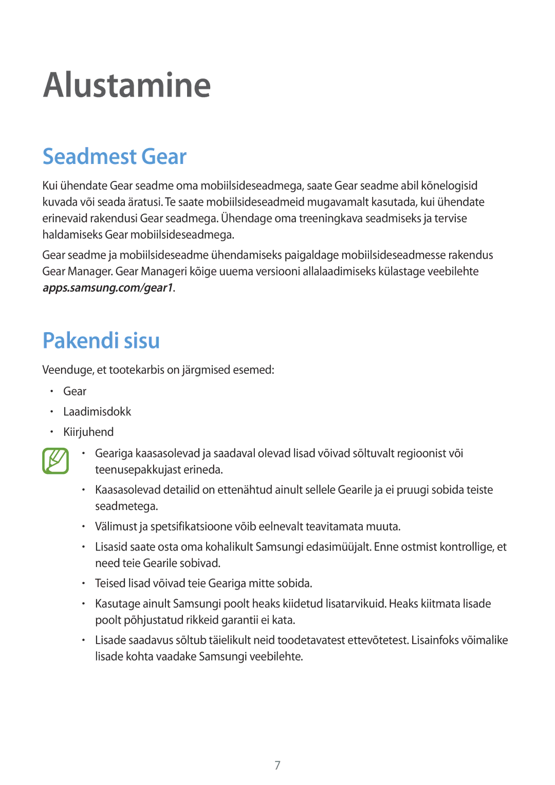 Samsung SM-V7000ZKASEB, SM-V7000WDASEB, SM-V7000ZWASEB, SM-V7000ZOASEB manual Alustamine, Seadmest Gear, Pakendi sisu 