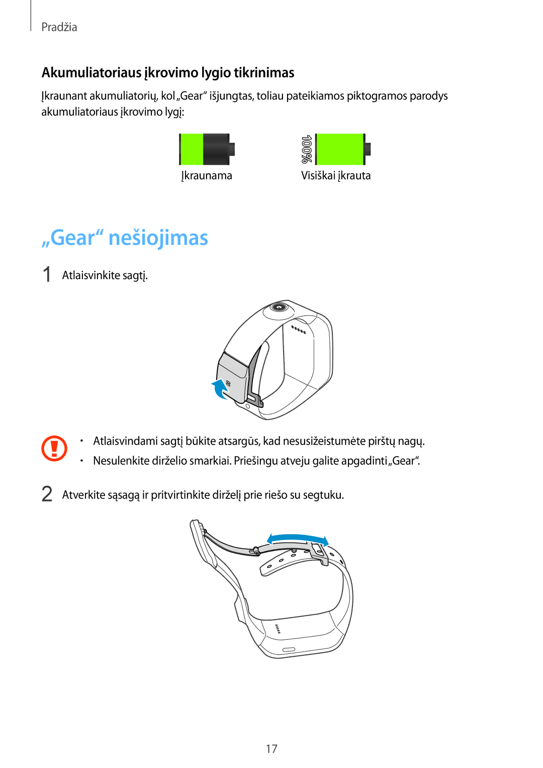 Samsung SM-V7000ZWASEB, SM-V7000WDASEB, SM-V7000ZOASEB manual „Gear nešiojimas, Akumuliatoriaus įkrovimo lygio tikrinimas 