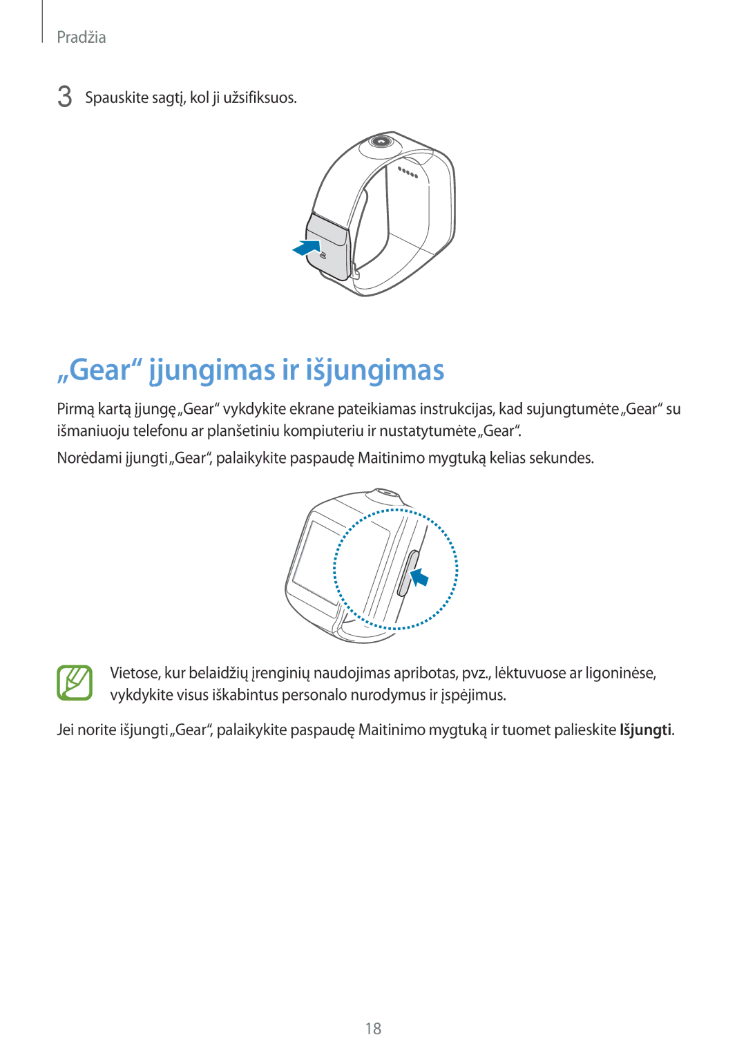 Samsung SM-V7000ZOASEB, SM-V7000WDASEB, SM-V7000ZWASEB, SM-V7000ZKASEB manual „Gear įjungimas ir išjungimas 