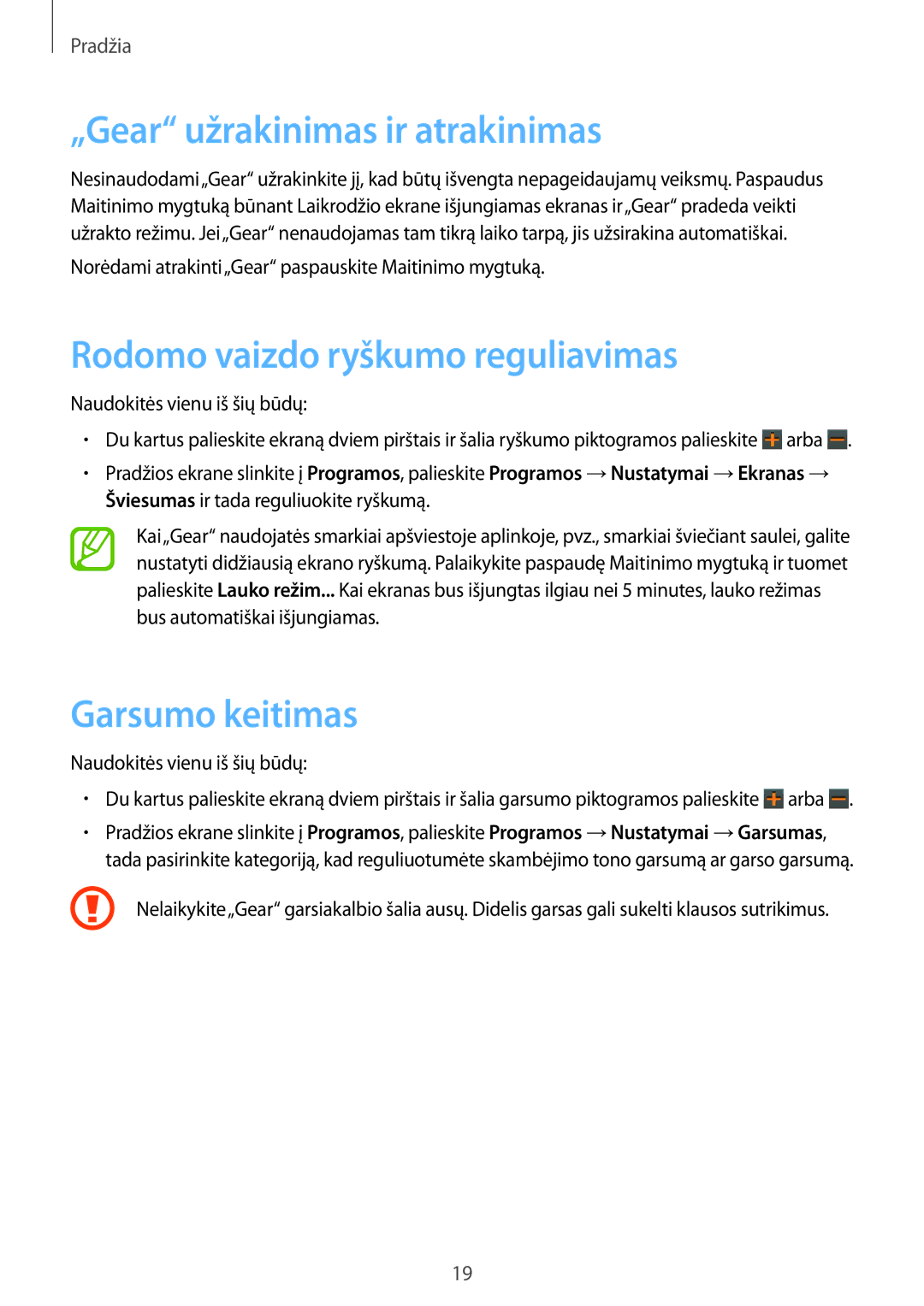 Samsung SM-V7000ZKASEB manual „Gear užrakinimas ir atrakinimas, Rodomo vaizdo ryškumo reguliavimas, Garsumo keitimas 