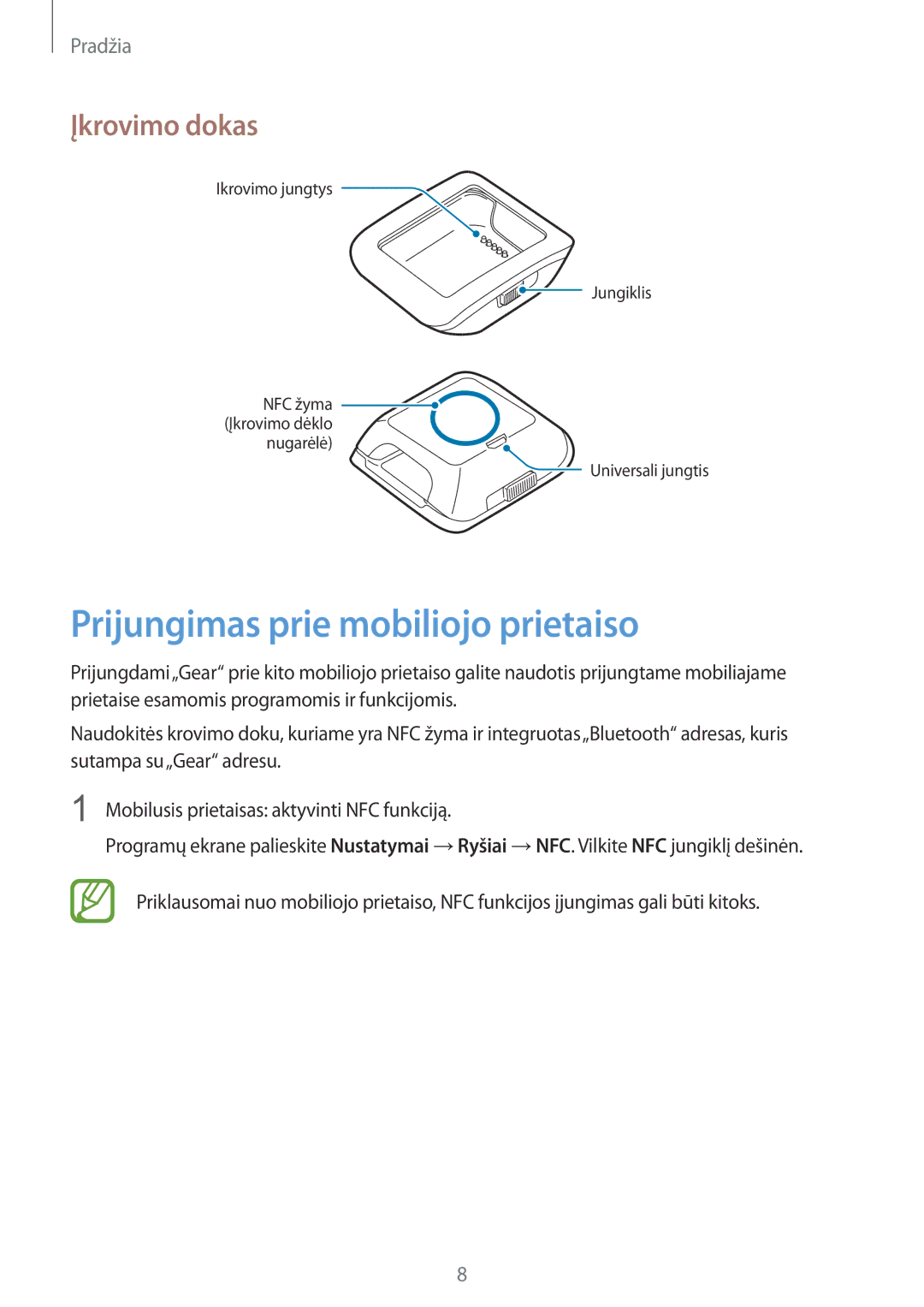 Samsung SM-V7000WDASEB, SM-V7000ZWASEB, SM-V7000ZOASEB, SM-V7000ZKASEB Prijungimas prie mobiliojo prietaiso, Įkrovimo dokas 