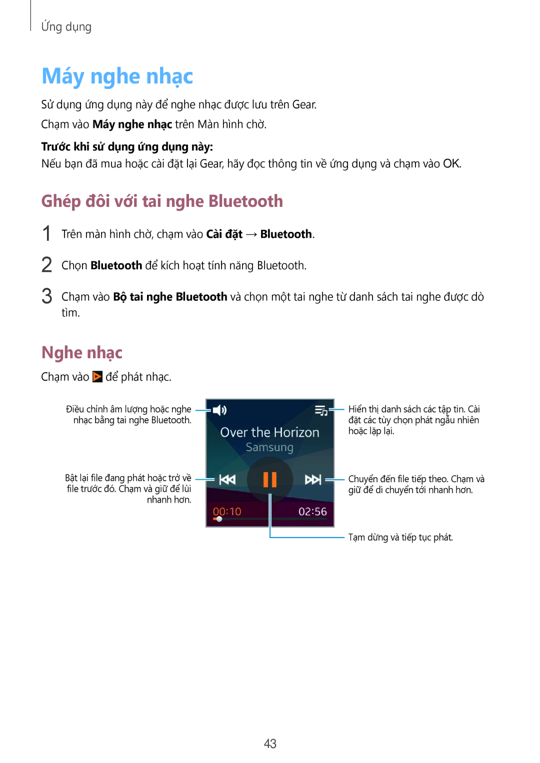Samsung SM-V7000ZWAXXV, SM-V7000ZAAXXV, SM-V7000ZOAXXV manual May nghe nhạc, Ghép đôi với tai nghe Bluetooth, Nghe nhạc 