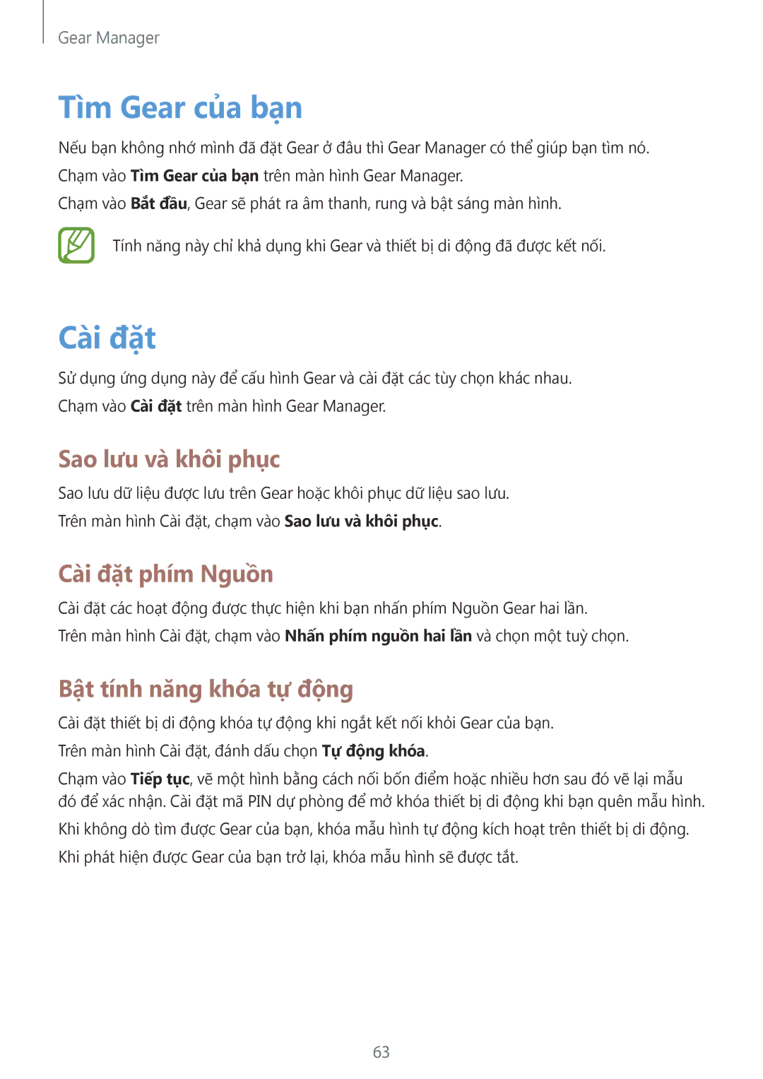 Samsung SM-V7000ZGAXXV manual Tìm Gear của ban, Sao lưu và khôi phục, Cài đặt phí́m Nguồn, Bật tí́nh năng khóa tự động 