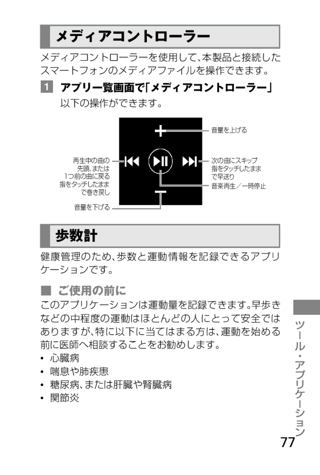 Samsung SM-V7000ZWADCM, SM-V7000ZGAKDI, SM-V7000ZOAKDI, SM-V7000ZAAKDI, SM-V7000ZKADCM 歩数計, ご使用の前に, アプリ一覧画面で「メディアコントローラー」 