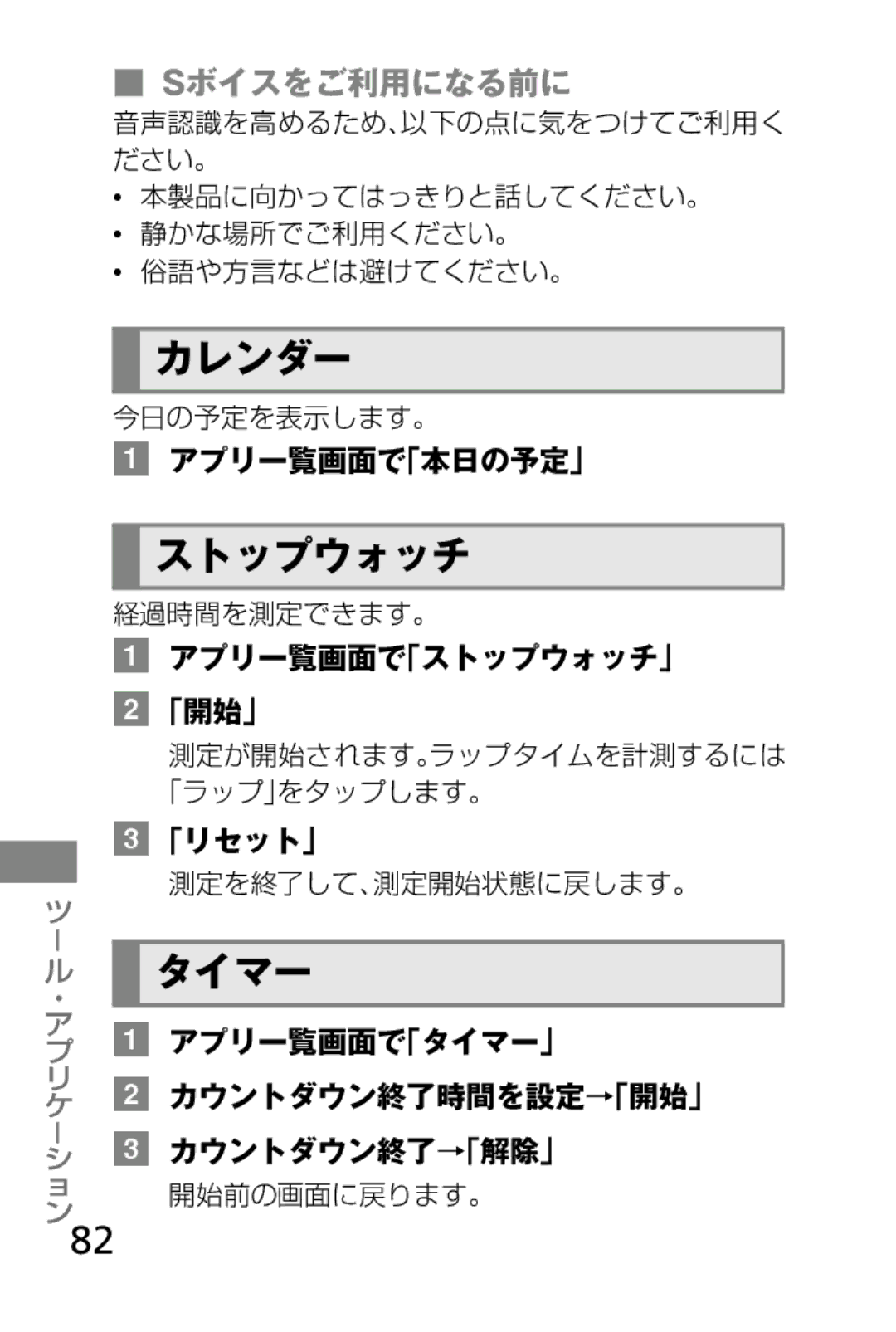 Samsung SM-V7000ZGAKDI, SM-V7000ZOAKDI, SM-V7000ZAAKDI, SM-V7000ZKADCM, SM-V7000ZGADCM カレンダー, ストップウォッチ, タイマー, Sボイスをご利用になる前に 