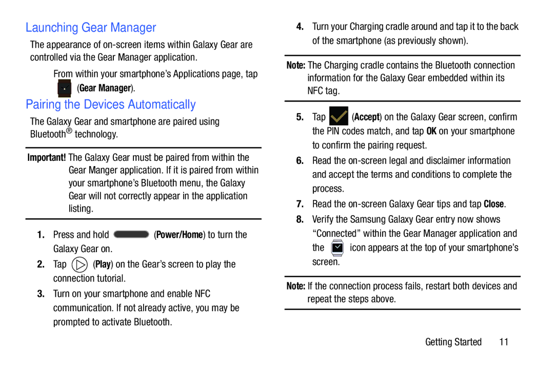 Samsung SM-V7000ZKAXAR user manual Launching Gear Manager, Pairing the Devices Automatically 