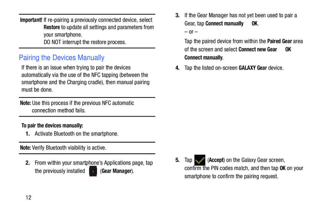 Samsung SM-V7000ZKAXAR user manual Pairing the Devices Manually, To pair the devices manually 