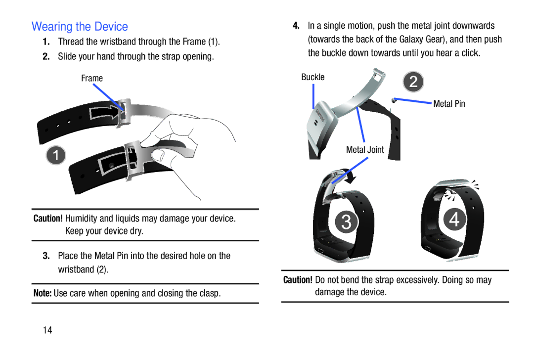 Samsung SM-V7000ZKAXAR user manual Wearing the Device, Place the Metal Pin into the desired hole on the wristband 