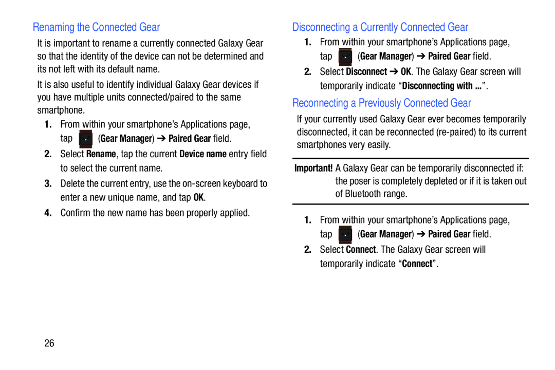 Samsung SM-V7000ZKAXAR user manual Renaming the Connected Gear, Confirm the new name has been properly applied 