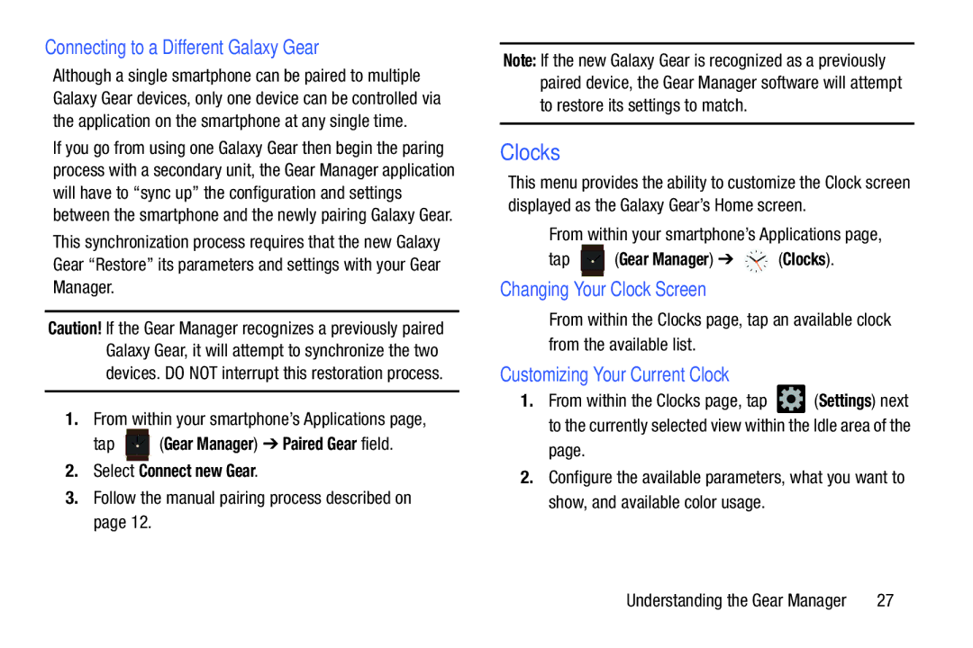 Samsung SM-V7000ZKAXAR user manual Clocks, Connecting to a Different Galaxy Gear, Changing Your Clock Screen 