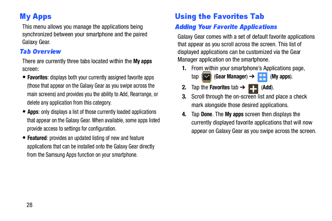 Samsung SM-V7000ZKAXAR user manual My Apps, Using the Favorites Tab, Tab Overview, Adding Your Favorite Applications 