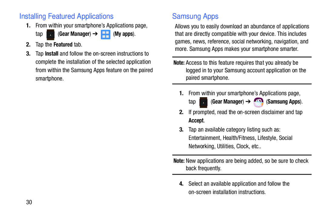 Samsung SM-V7000ZKAXAR user manual Installing Featured Applications, Samsung Apps, Tap the Featured tab 