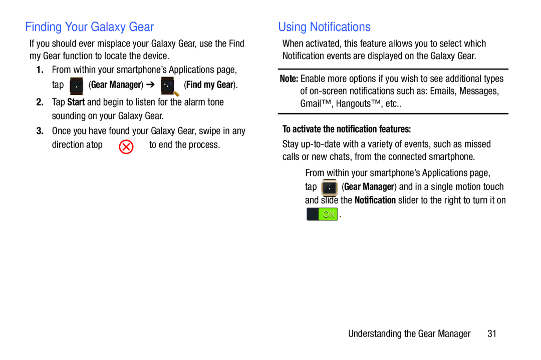 Samsung SM-V7000ZKAXAR Finding Your Galaxy Gear, Using Notifications, From within your smartphone’s Applications Tap 