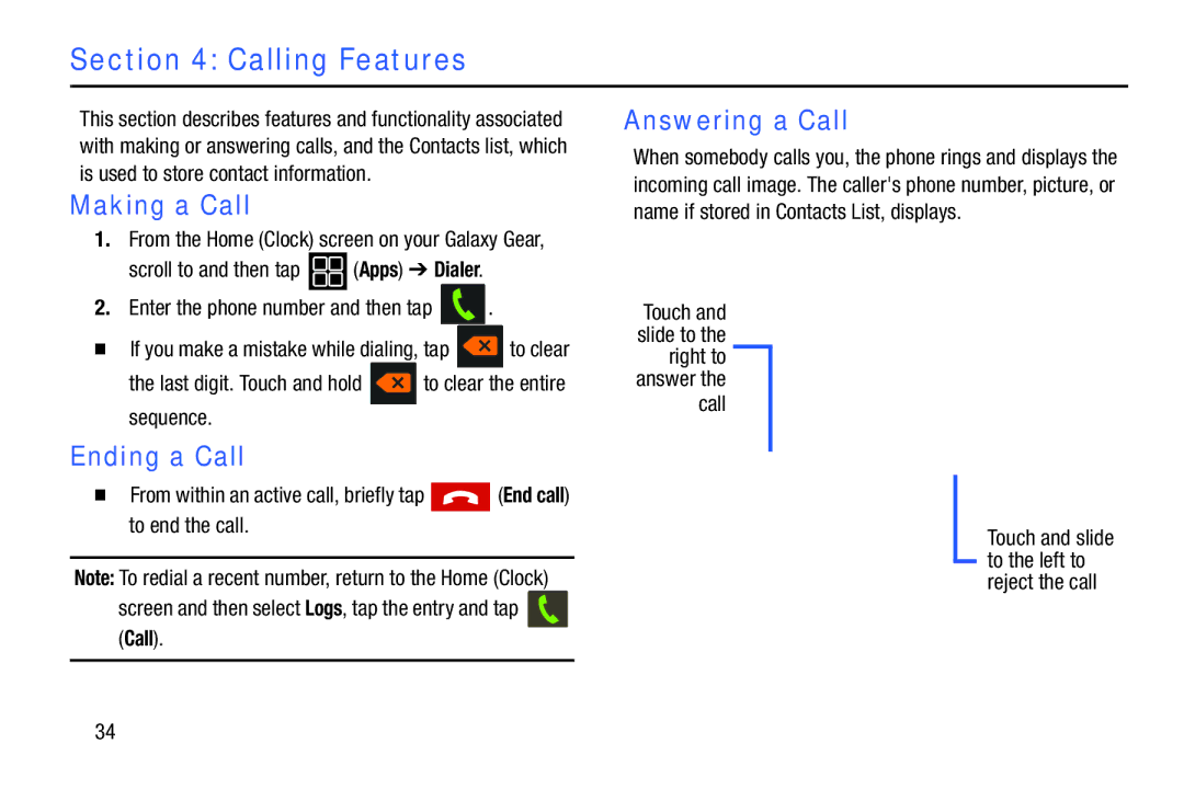 Samsung SM-V7000ZKAXAR user manual Calling Features, Making a Call, Ending a Call, Answering a Call 