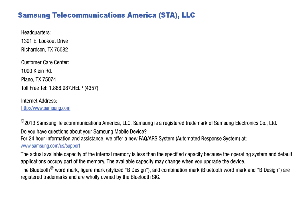 Samsung SM-V7000ZKAXAR user manual Samsung Telecommunications America STA, LLC 