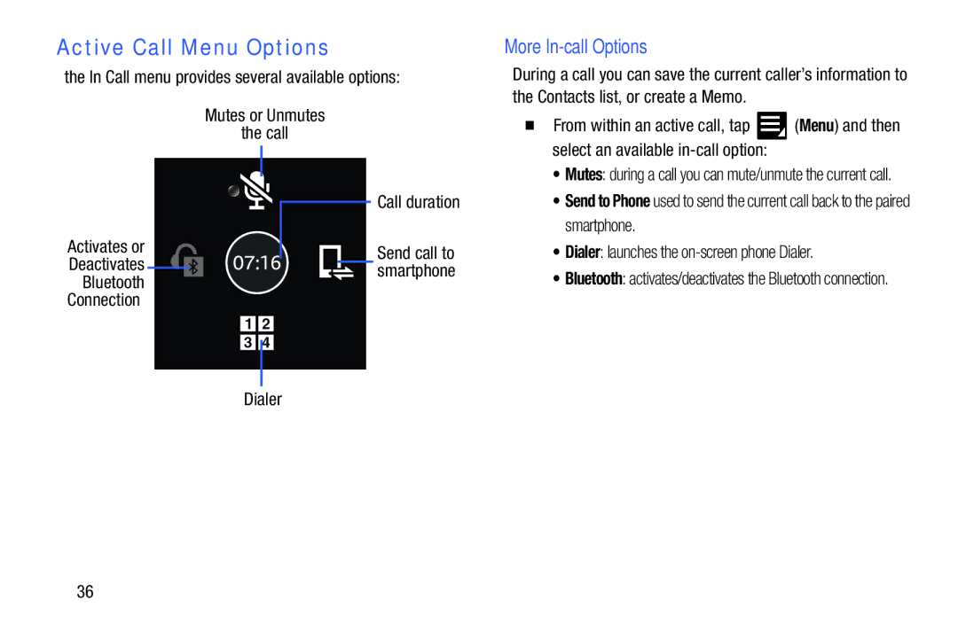 Samsung SM-V7000ZKAXAR user manual Active Call Menu Options, More In-call Options, Dialer 