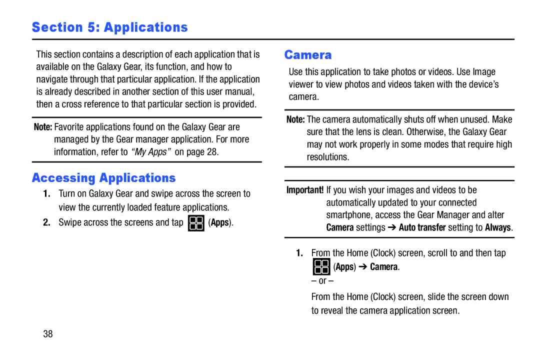 Samsung SM-V7000ZKAXAR user manual Accessing Applications, Swipe across the screens and tap Apps, Apps Camera 