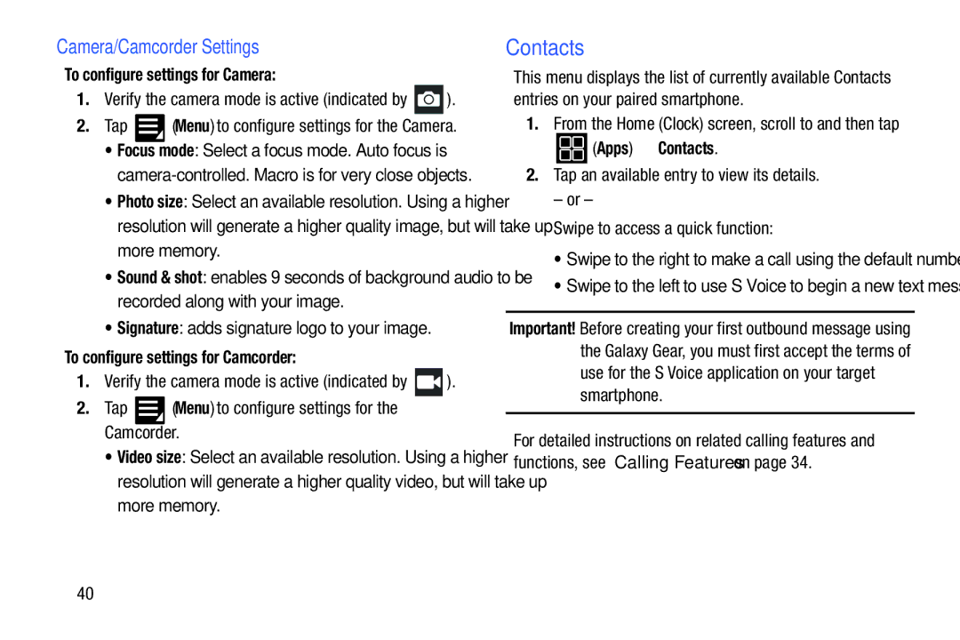 Samsung SM-V7000ZKAXAR user manual Camera/Camcorder Settings, To configure settings for Camera, Apps Contacts 