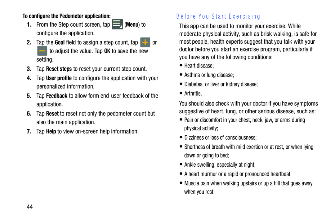 Samsung SM-V7000ZKAXAR user manual Before You Start Exercising, To configure the Pedometer application 