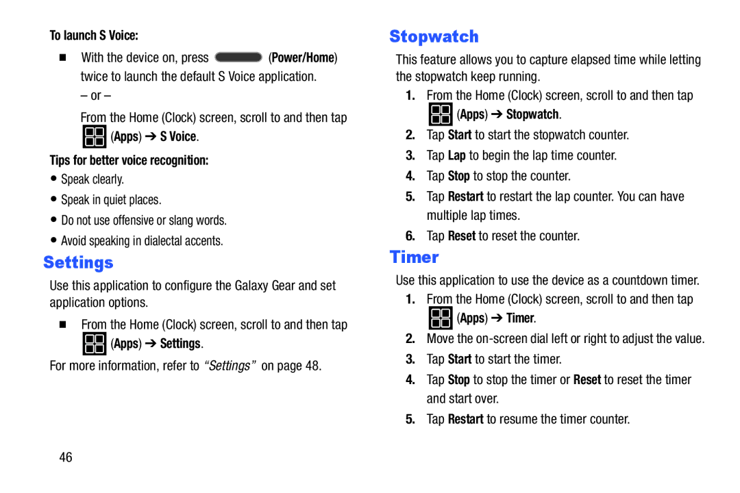 Samsung SM-V7000ZKAXAR user manual Settings, Stopwatch, Timer 