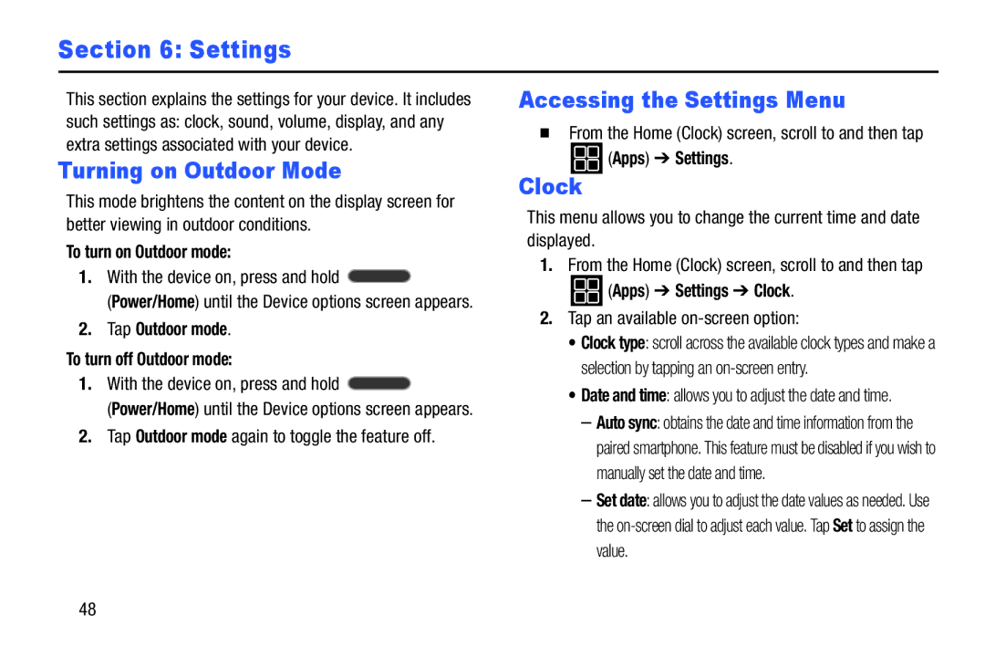 Samsung SM-V7000ZKAXAR user manual Turning on Outdoor Mode, Accessing the Settings Menu, Clock 