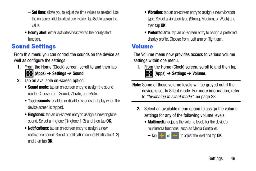 Samsung SM-V7000ZKAXAR user manual Sound Settings, Volume, Apps Settings Sound, Mode. Choose from Sound, Vibrate, and Mute 